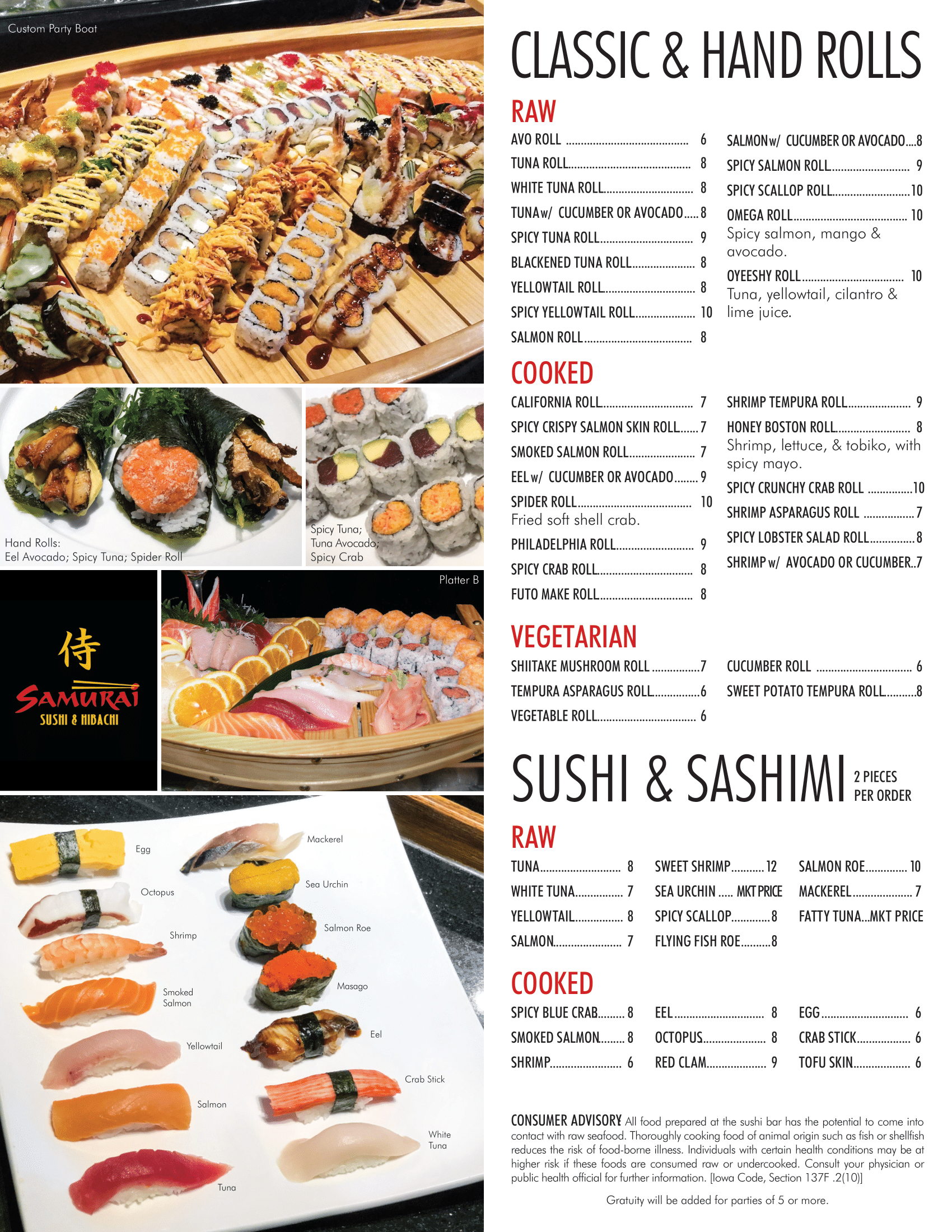 Samurai Sushi and Hibachi menu — page 3