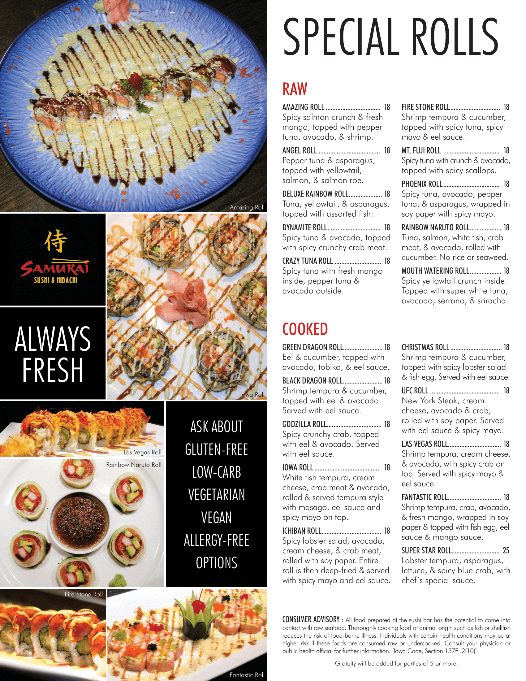 Samurai Sushi and Hibachi menu — page 4